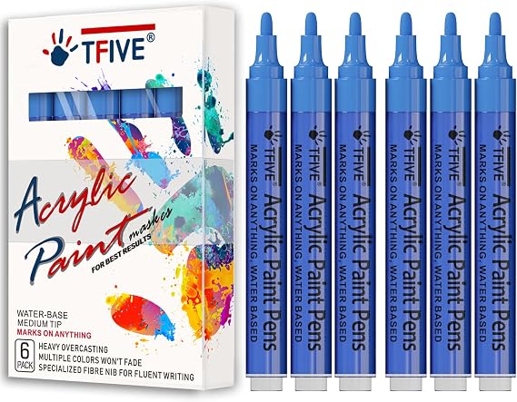 TFIVE Blue Acrylic Paint Markers 6 Pcs, Permanent Paint Pens Medium Tip