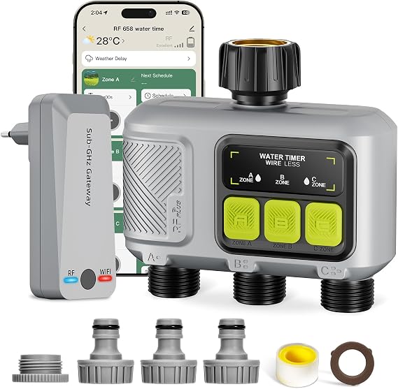 WLAN Irrigation Computer with 3 Outputs Smart Irrigation Clock Set (300 m Range RF) App/Voice Control Rain Delay Automatic Garden Watering for Lawn Garden Balcony