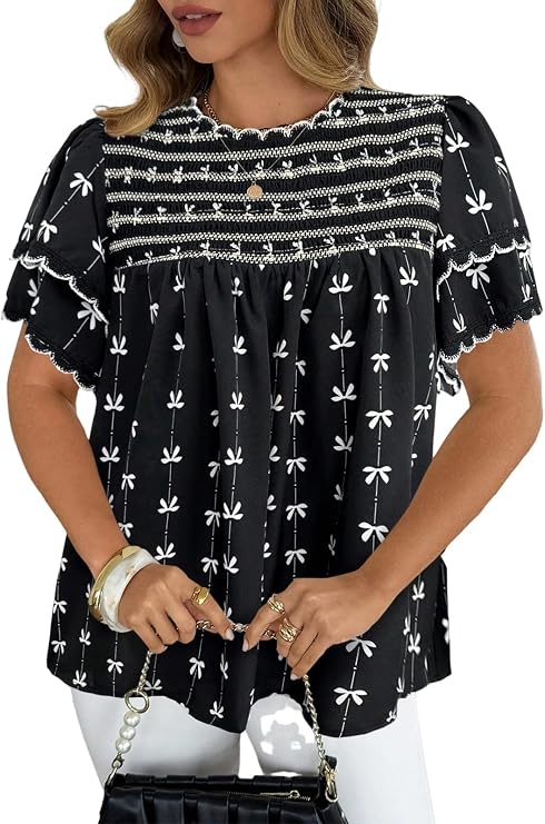 Boho Tops for Women Fashion Clothing Women Blouses Flowy Shirts Butterfly Sleeve Tunic Crew Neck T Shirts