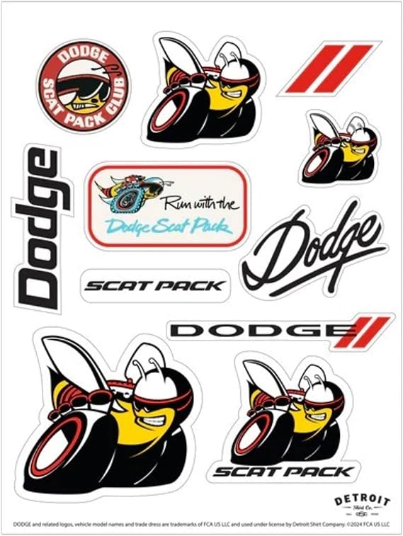 Detroit Shirt Company Dodge Scat Pack 11-Decal Sticker Sheet | Run with The Scat Pack, Angry Bee, Scat Pack Club & Dodge Decals | 6"x8" Indoor/Outdoor Peel-Off Stickers