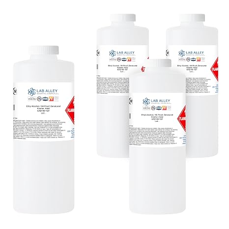 Lab Alley Ethanol 190 Proof Denatured Alcohol, High Purity Solvent, Kosher & Halal Certified,1 Gallon Total (4 1 Quart Bottles)