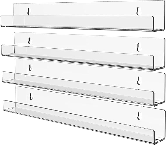 4 Pack Vinyl Record Wall Display,15" Acrylic Invisible Floating Bookshelf for Kids Room,Clear Wall Mounted Hanging Book Shelves,Modern Picture Ledge Display and Album Vinyl Wall Mount Shelf