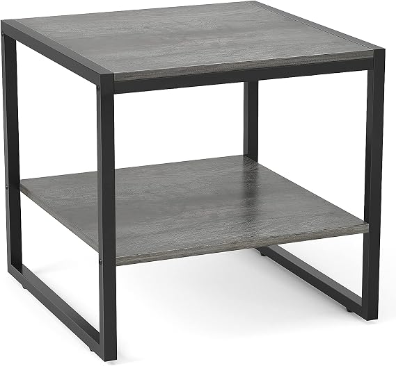 End Table, 20 Inch Square Side Table, Mini Fridge Stand, Black Oak | 2-Tier Storage Shelves, Industrial Wood Small Table Stand for Living Room, Bedroom, Office