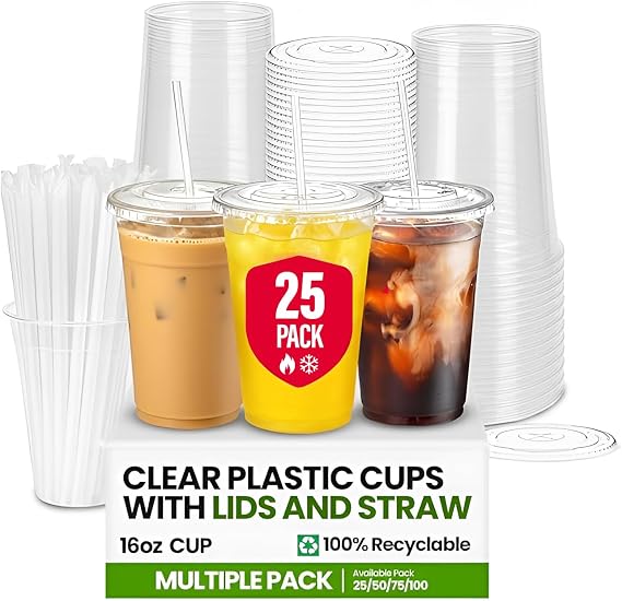 25 Pack - 16 oz Clear Plastic Cups with Lids and Straws, Sturdy & Food Safe Iced Coffee Cups with lids, Disposable Plastic Smoothie Cups for Cold Drinks
