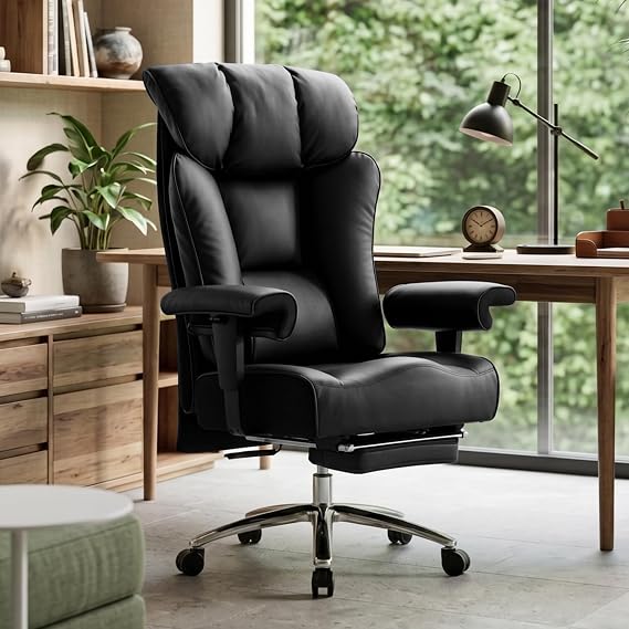 Efomao Desk Office Chair, Big and Tall Ergonomic Executive Chair with Footrest, High Back Reclining Computer Desk Chair, Thick Padded Wide Armrests 200KG Heavy Duty PU Leather Office Chair