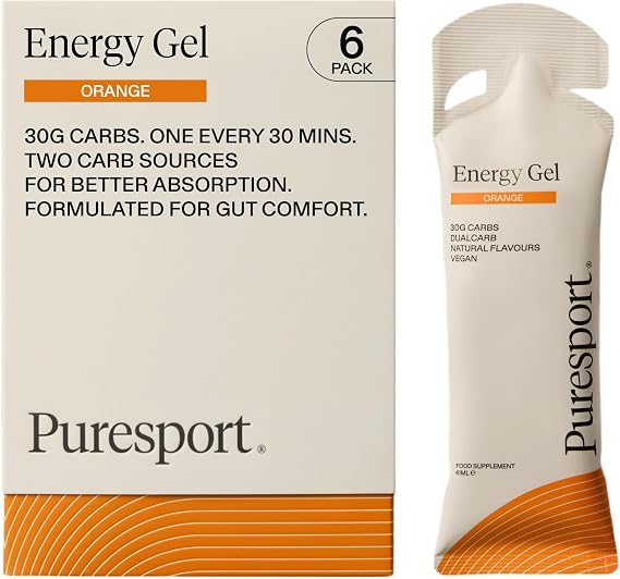 Puresport Fast-Release DualCarb Energy Gels, Orange, 6 Pack | 30g 2:1 glucose-fructose carbs for marathon, cycling & triathlon, gentle on stomach, informed sport tested