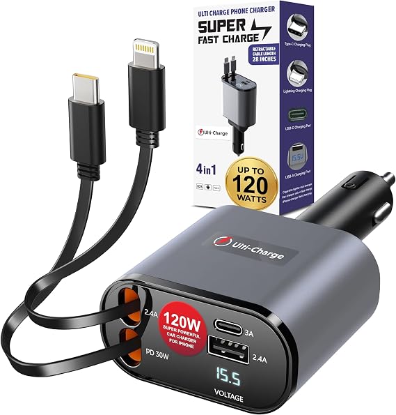 Ulti Charge iPhone Car Charger USB C Fast Charge Retractable 120W 4-Port