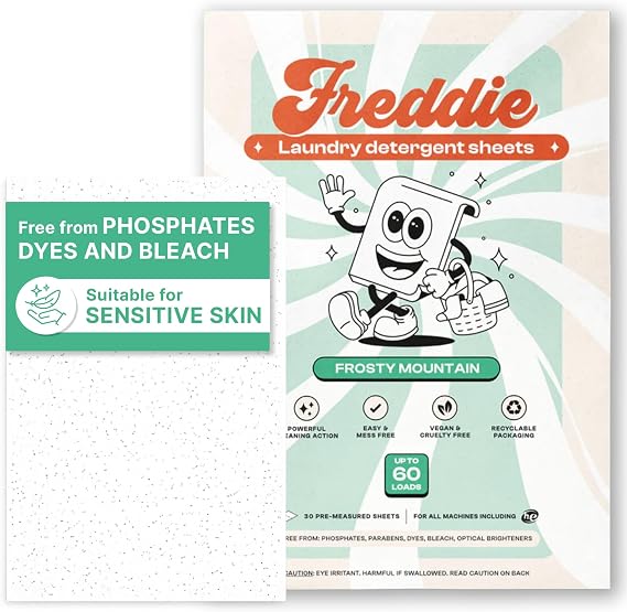Freddie Laundry Detergent Sheets - Recyclable Packaging - No Mess Strips - 60 Loads - Crisp Frosty Mountain Scent