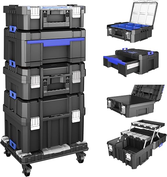 5 Tier Stackable Tool Box with Wheels,Rolling Tool Box with Drawers,Modular Tools Organizer,Portable Tool Box with Transparent Parts Box,Large Capacity Toolbox,for Garage Storage,Home and Repair Shop