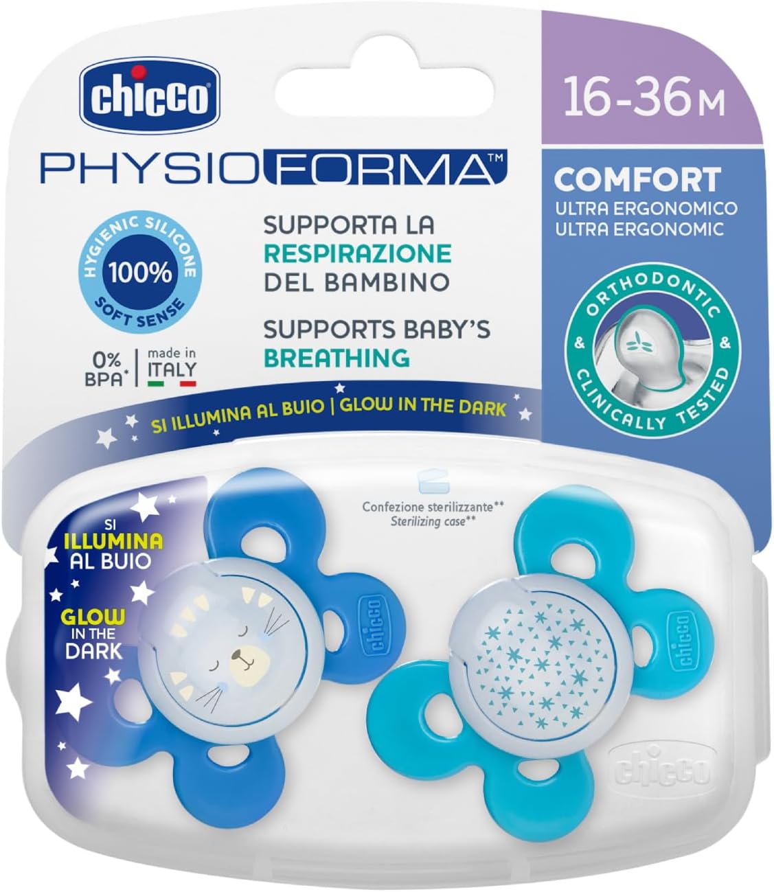 Chicco PhysioForma Comfort Silicone Pacifier 16-36 Months, 2-Piece, Blue
