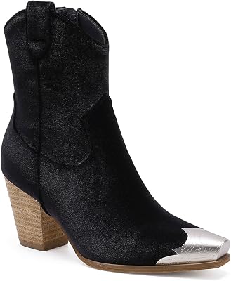Western Metal Toe Ankle Boots Cowboy Boots for Women Cowgirl Boots Pointed Toe Zipper Boots Stacked Heel Boots