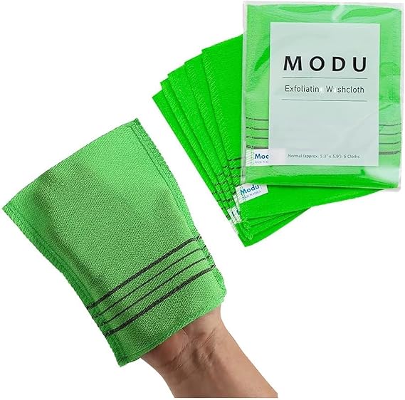 Modu Korean Exfoliating Mitts Small 6PCS (Green) Exfoliating Gloves Body Scrubber Italy Towel Washcloth for Korean Spa at Home, Dead Skin Remover, 100% Vegan Viscose