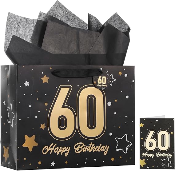 Powbrace 13" Birthday Gift Bag with Tissue Paper & Card(Black 60th)
