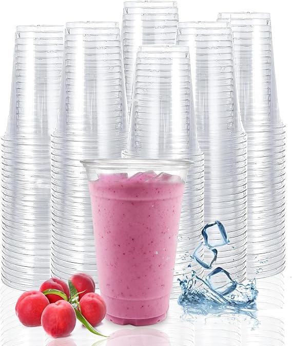 TashiBox Kapaklı plastik bardaklar [20oz 100cups], Şeffaf Kristal tek kullanımlık plastik bardaklar, smoothie bardakları