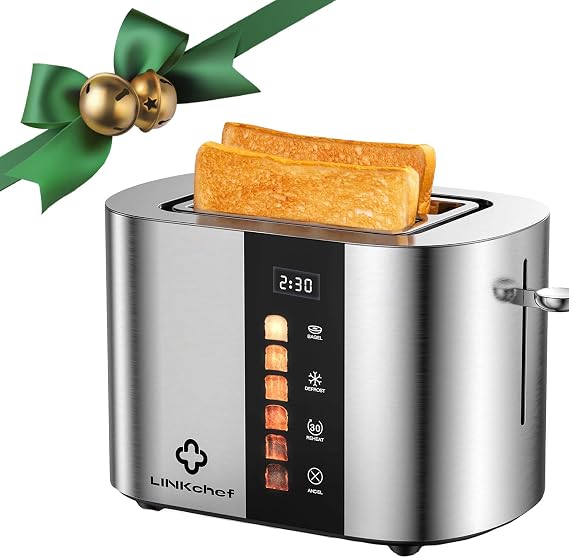 LINKChef 2 Slice Toaster, Extra-Wide 1.5" Slots, Touch Screen Control | Stainless Steel, Bagel/Defrost/Reheat Functions