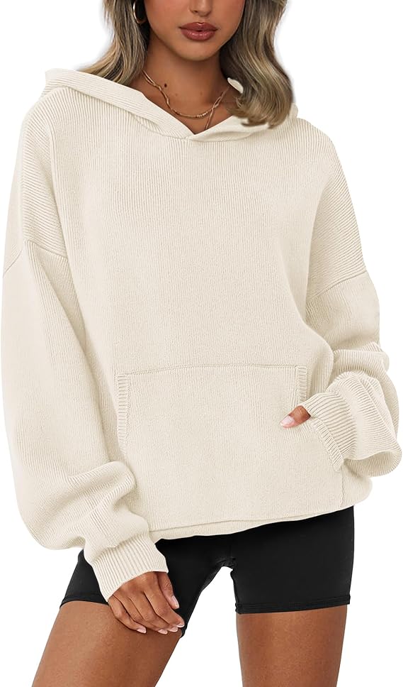 dowerme Women Oversized Sweaters 2026 Lantern Long Sleeve Drop Shoulder Chunky Knit Hooded Pullover Sweater with Pocket