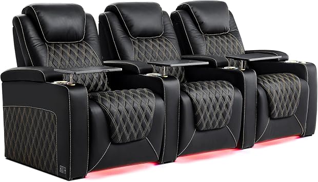 Weilianda Chic Top Grain Leather Home Theater Seating Power Headrest Recling Movie Gaming Recliner Sofa with 7 Colors Ambient Lighting, Golden Cup Holder Carbon Fiber Tray Table Row of 3 Black