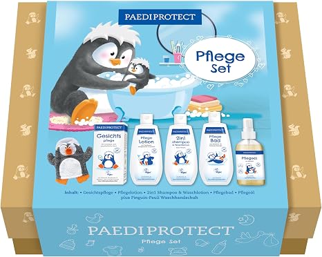 PAEDIPROTECT Care Set Gift Set for Babies & Children Vegan & Fragrance-Free Set of care lotion 2-in-1 shampoo care oil care bath face care and wash mitt for sensitive skin