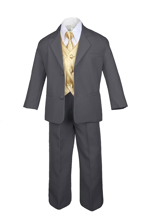7pc Formal Boys Dark Gray Suits Extra Mustard Vest Necktie Sets S-20 (14)