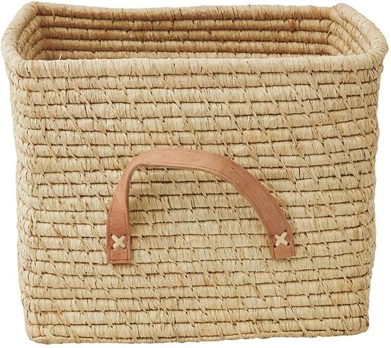 RICE - Small Square Raffia Basket with Leather Handles - Natural