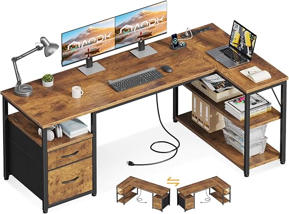 AODK 55 inch L Shaped Computer Desk with Drawers, Reversible Computer Desk with Storage Shelves, Home Office Desk with Built-in Power Outlet, Rustic Brown