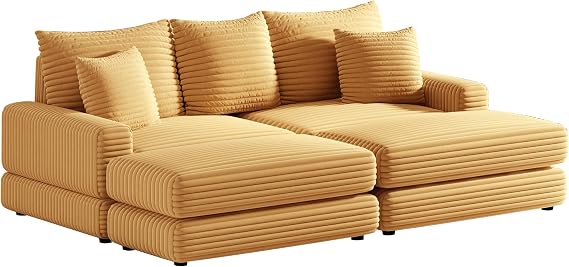 Oversized Chaise Lounge Chair Indoor, Extra Deep Seat, Plush Corduroy Couch Sectional Cloud Modular Loveseat Sofa, Comfy Thick Cushion, Pillows for Living Room (Ginger, Double Chaise Lounge)