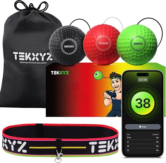 TEKXYZ Classic Boxing Reflex Ball Pack with App - 3 Balls, 1 Band