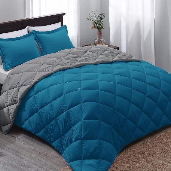 Queen Comforter Set - Blue Comforter Set Queen, Reversible Bed Comforter Queen Set for All Seasons, Algiers Blue/Charcoal Gray, 1 Comforter (88"x92") and 2 Pillow Shams (20"x26"+2")
