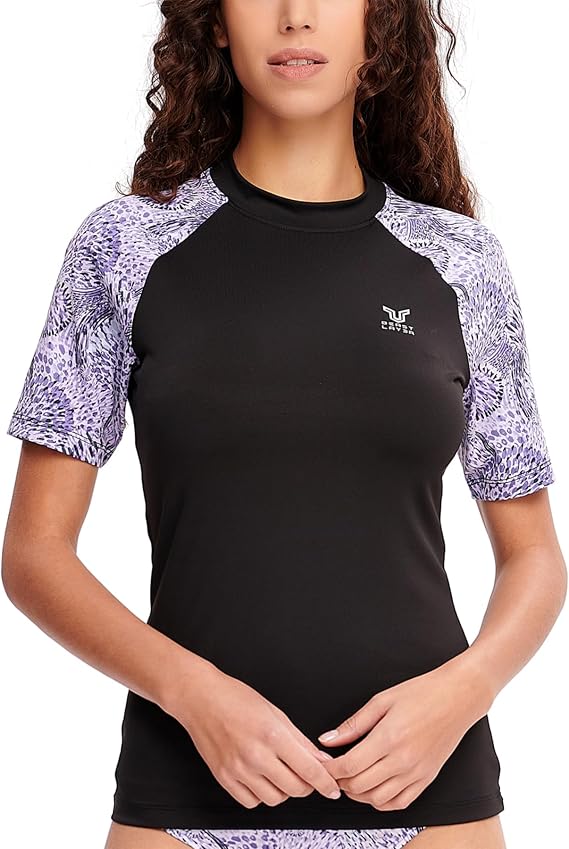HUGE SPORTS Women's Rash Guard Short Sleeve UPF 50+ Sun Shirts Surf Swim Shirts Swimsuit Top Workout Activewear Shirt