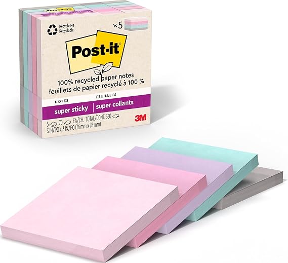 Post-it 100% Recycled Super Sticky Notes, 3 x 3 in, Pastels, 5 Pads