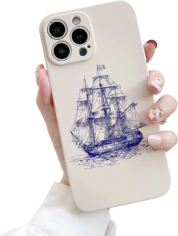 Compatible with iPhone 13 Case 6.1" Liquid Silicone TPU Rubber, Camera Cover Protection Protective Shock Proof Phone Case Matte Beige, Off White, Cream, Ivory with Navy Blue Sea Ship