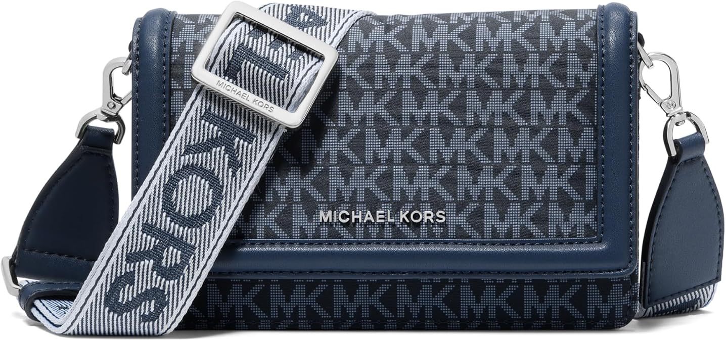 Michael Kors Women's Jet Set Small Crossbody Phone Bag, Silver Hardware/Tonal Mk Signature Nylon with Logo Mk Webbing/Admiral/Pale Blue, One Size