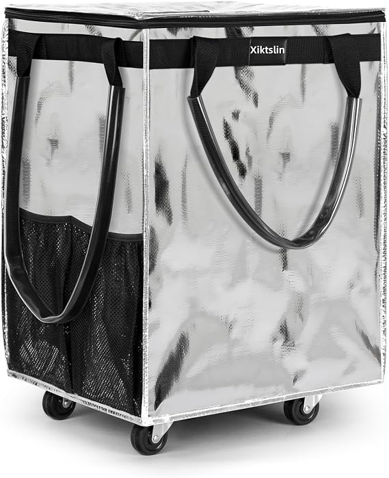 (Large,Silver) Reusable Grocery Bag on 5 Wheels, Foldable Rolling Tote Carries Up to 76lb Shopping Trolley, Rolling Bag with 3 Handles, Zipper Clouser Rolling Tote Bag with Wheels for Laundry