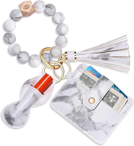 Wristlet Bracelet Keychain Wallet, Silicone Bead House Car Key Ring Pocket Credit Card Holder