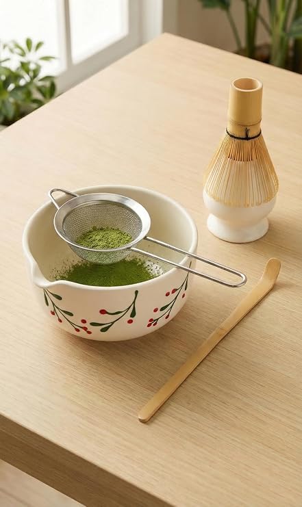 5 Parça Profesyonel Matcha Hazırlama Seti - Çelik Süzgeç, Bambu Çırpıcı, Kase, Tutucu ve Kaşık