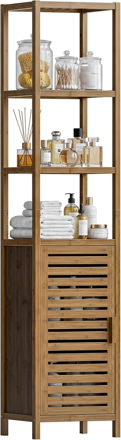 HITNET Bathroom Storage Cabinet Bamboo, Tall Narrow Space Saver Organizer Floor Standing for Kitchen, 4 Open Shelves and 1 Cupboard with Door, Walnut