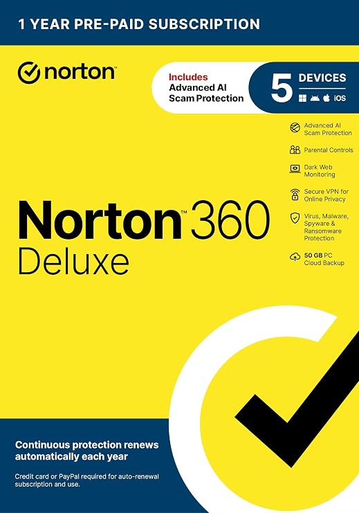 Norton 360 Deluxe, Antivirus software for 5 Devices with Auto-Renewal Includes Advanced AI Scam Protection, VPN, Dark Web Monitoring & PC Cloud Backup [Key Card]