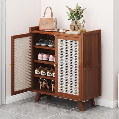 Rattan Shoe Cabinet for Entryway, Free Standing Bamboo Shoe Shelf Organizer Storage with Doors & High Baffle Hallway Living Room Closet Shoe Organizer,Brown,31.4in 5 Tiers