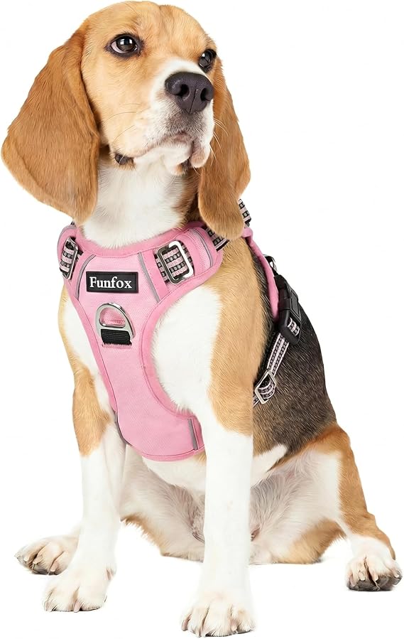 Funfox Dog Harness Medium, No Pull Harness with Front Clip & Vertical Handle, Adjustable Anti Pull Padded Pet Vest, Reflective Night Walking Size for Small Medium Large Breed, Pink M
