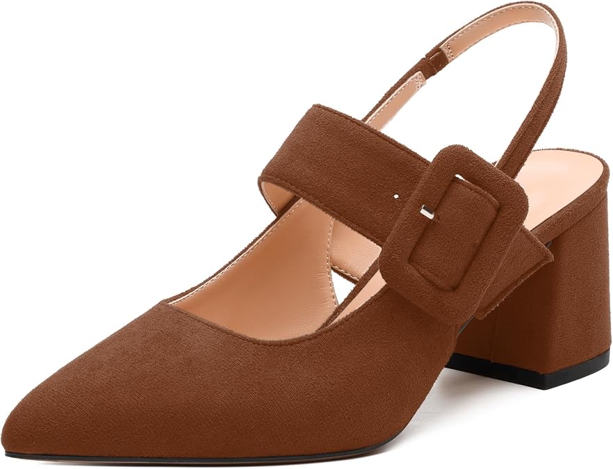 Women's Slingback Heels Mid Heel Pumps Pointed Closed Toe Chunky Heel Suede Wedding Party Shoes
