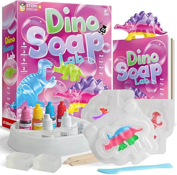 EDUMAN Dino Soap Making Kit for Kids, Dinosaur Education Science Kits with Stegosaurus, Tyrannosaurus, Styracosaurus Models, DIY Crafts Make Your Own Soap Kits, Toys for Ages 8-12