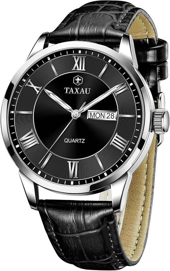 Taxau Men's Watch Leather Men's Watch Leather Strap Watches Men's Large Dial Day Date Men's Watch Waterproof Watch