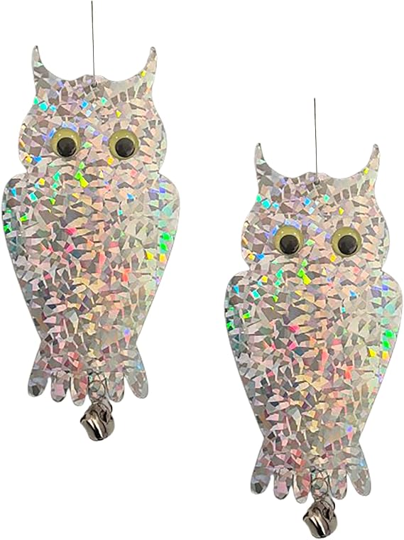 PESTEZE USA Owl Bird Deterrent Reflective Hanging Decoy Repellent with Bell, 2 Pack 6 x 13.5 in Shiny Scare Device Keep Birds Away Outdoor Porch Garden Yard Patio Protect Property