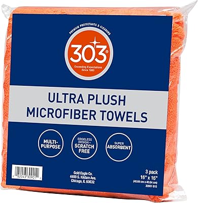 303 Products Premium Microfiber Towels - Automotive Detailing - Ultra Plush - Super Absorbent - Edgeless Design - Scratch Free - Multi-Purpose, 30901 3 Count