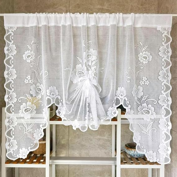 Lace Valances for Windows Kitchen Cafe Net Curtains Window Voile Swags | 1 Panel, Semi-Sheer, Rod Pocket, Floral Patterned, Vintage Swag, Short Curtain, Cafe Nets for Kitchens Bedroom Living Room