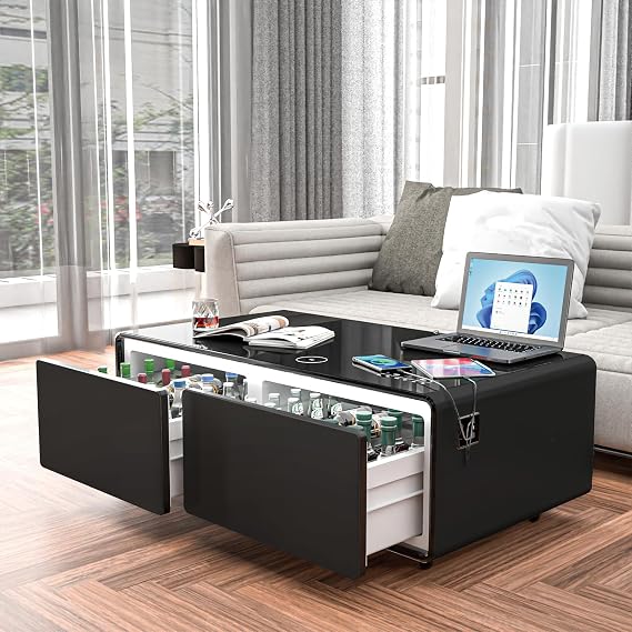 LED Coffee Table with Wireless Charging Module & Built-in Fridge, Modern Coffee Tables with Atmosphere Light, Smart Center Tea Table, Black Coffee Table for Living Room