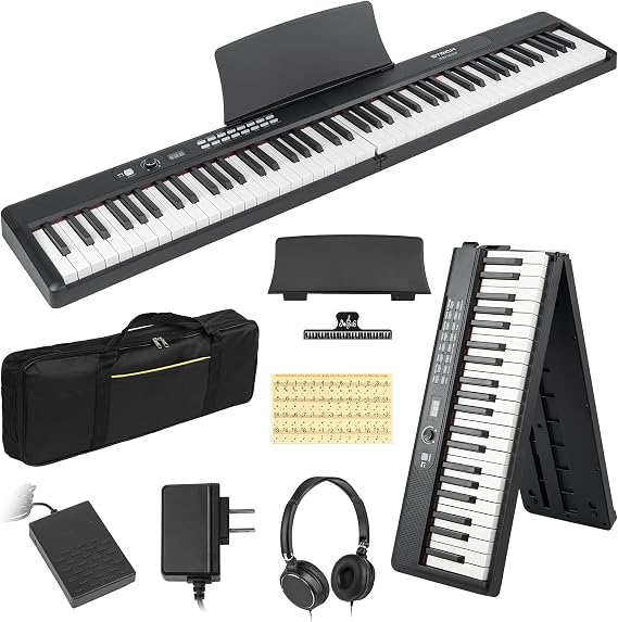 STRICH 88 Key Digital Piano Foldable Full Size Electric Keyboard with Semi-Weighted Sensitive Keys, Portable Piano Set for Beginner, Bundle with Sustain Pedal, Headphones, Music Rest, Black, SEP-88F