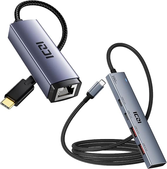 10Gbps 4 in 1 USB 3.2 Adapter with 2 USB-C & A 3.2 4FT Cable and USB C to Ethernet Adapter, 4 Ports Splitter Extender for MacBook Pro/Air, iPad Pro, iPhone 15/15 Pro Max, Surface, PC, Laptops