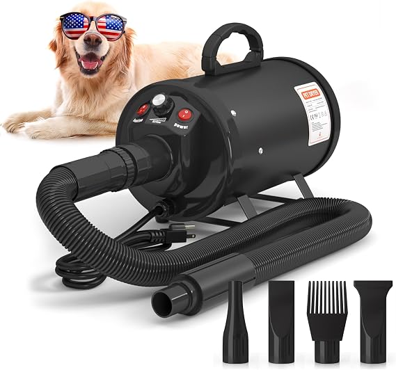 High-Velocity Dog Dryer for Grooming - Quiet Pet Hair Blow Dryer with Heater, 4 Nozzles & Adjustable Speed - Professional Dog Blower for Large Dogs, Thick Coats & Deshedding