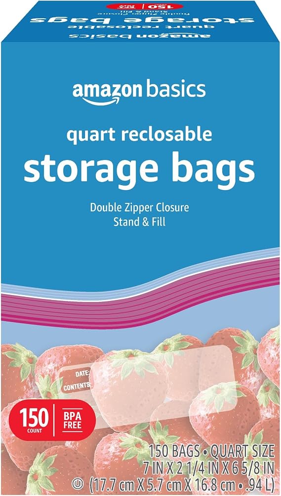 Amazon Basics Reclosable Quart Food Storage Bags with Double Zipper Seal, BPA Free, 150 Count